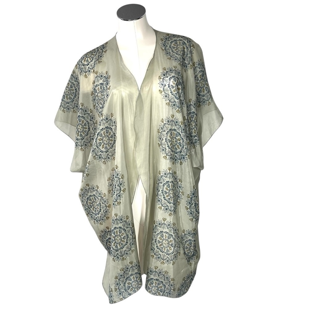 NATURAL LIFE Give Love Laugh Green Blue Floral Open Front Kimono Wrap Sz OS
